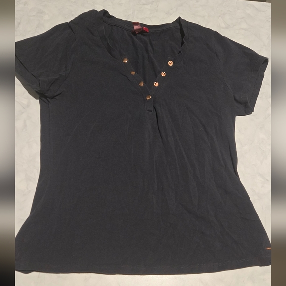 Navy Guess V Neck T Shirt With Brass Button Detail Ladies L - Picture 1 of 4